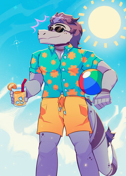 abs anthro ball beach_ball beverage bottomwear clothing eyewear inflatable male muscular muscular_anthro muscular_male sky solo sun sunglasses tail topwear dinxiemintie connor_(dinxiemintie) dinosaur prehistoric_species reptile scalie absurd_res hi_res
