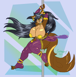 big_breasts breasts dancing ear_piercing ear_ring exotic_dancer facial_piercing female harem_outfit huge_breasts lip_piercing nose_piercing nose_ring pasties piercing pole pole_dancing ring ring_piercing solo sonomatic orlena canid canine canis coyote mammal hi_res