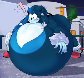 anthro belly belly_on_ground big_belly big_butt blue_body blue_fur butt clothing fangs fluffy footwear fur green_eyes hair hand_on_belly huge_belly hyper hyper_belly inflation long_hair lying male on_front outside red_clothing red_footwear red_shoes shoes socks solo spotlight teeth wide_eyed terito sega sonic_the_hedgehog_(series) sonic_unleashed sonic_the_hedgehog sonic_the_werehog eulipotyphlan hedgehog mammal werecreature wereeulipotyphlan werehog absurd_res hi_res