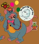 anthro belly black_nose bow_tie clothing hat headgear headwear male mascot open_mouth overweight overweight_male simple_background solo text pocketbutch chuck_e._cheese's_pizzeria charles_entertainment_cheese mammal mouse murid murine rodent 2025 english_text hi_res