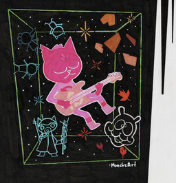 anthro bass_guitar boots bottomwear clothed clothing eyes_closed female floating footwear fur guitar holding_object leaf mouth_closed musical_instrument playing_music plucked_string_instrument relaxing shirt shoes simple_background solo space string_instrument topwear munchzart night_in_the_woods mae_borowski domestic_cat felid feline felis mammal 2025 absurd_res colored hi_res marker_(artwork) traditional_media_(artwork)