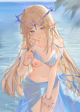 areola beach bikini blonde_hair blue_bikini blue_clothing blue_eyes blue_swimwear blush blush_lines bracelet breasts clothing collarbone ear_piercing eyebrows eyelashes female hair hand_on_leg hand_on_thigh humanoid_pointy_ears jewelry navel nipple_dip nipples not_furry piercing pointy_ears sarong solo swimwear thigh_gap thong_straps two-piece_swimsuit ruzhai kuro_games wuthering_waves cartethyia elf humanoid 2026 hi_res
