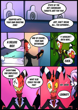bathroom bed dialogue duo female furniture hair male pink_hair shooting_range simple_background speech_bubble text kato777 hellaverse helluva_boss mythology blitzo_(helluva_boss) loona_(helluva_boss) moxxie_(helluva_boss) canid canid_demon canine demon hellhound imp mammal mythological_canine mythological_creature absurd_res comic english_text hi_res