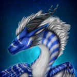 ambiguous_gender black_horn blue_body blue_eyes feral fluffy fur glowing horn mane membrane_(anatomy) membranous_wings solo space star white_mane wings selianth mythology kalemendrax_(kalemendrax) dragon mythological_creature mythological_scalie scalie 1:1 bust_portrait portrait