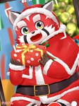 anthro biped black_body christmas_clothing christmas_headwear clothing cute_fangs fangs gift hat headgear headwear holidays humanoid_hands kemono red_body santa_hat sitting slightly_chubby solo teeth young young_anthro harumuname christmas lifewonders tokyo_afterschool_summoners santa_claus zhurong_(tas) ailurid mammal red_panda 2022 3:4