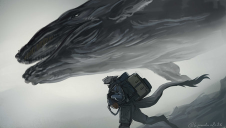 ambiguous_feral ambiguous_gender anthro backpack biped digitigrade duo feral fog fur grey_body grey_fur male multicolored_body multicolored_fur outside walking white_body white_fur creepy_gun death_stranding aquatic cetacean mammal sergal whale 2026 digital_media_(artwork) hi_res