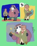 anthro belly big_belly book bottomwear bow_tie brown_body clothing duo eyewear glasses hat headgear headwear male male/male mature_male overweight overweight_male pants pipe shirt simple_background topwear jacobspencer04 wilbur_&_harold mammal mustelid musteline procyonid raccoon true_musteline weasel 2025 hi_res