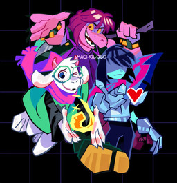 anthro armor axe black_background blue_body blue_skin bracelet cape clothing eyewear female fire glasses green_clothing green_robe group hair heart_symbol holding_object holding_weapon horn jewelry looking_at_viewer male pink_body pink_horn purple_hair robe scarf shirt simple_background smile topwear trio weapon white_body macholobo deltarune undertale_(series) kris_dreemurr ralsei susie_(deltarune) bovid caprine darkner goat human mammal reptile scalie 2025 digital_media_(artwork) hi_res