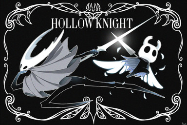 2_horns ambiguous_gender biped black_body black_eyes cloak clothing duo holding_melee_weapon holding_object holding_weapon horn melee_weapon nail_(weapon) pose text weapon white_text arizuka00 hollow_knight team_cherry hollow_knight_(character) pure_vessel_(hollow_knight) the_knight_(hollow_knight) vessel_(species) 2019 english_text hi_res