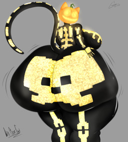 anthro big_breasts big_butt bone breasts butt butt_grab female food for_a_head fruit glowing glowing_body glowing_eyes glowing_markings hand_on_butt holidays huge_breasts huge_butt huge_thighs jack-o'-lantern long_tail looking_at_viewer looking_back markings plant pointy_ears pumpkin pumpkin_head skeleton skeleton_costume solo tail thick_thighs wobbling voidbeerfloat epic_games fortnite halloween spice_(fortnite) felid feline mammal object_head absurd_res hi_res