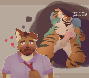 accessory anthro blush body_hair brown_body brown_fur chest_hair clothing duo facial_hair facial_piercing fur genitals heart_symbol male male/male necktie nose_piercing orange_body orange_fur penis piercing pillow pubes stripes suit text wolpington canid canine felid mammal pantherine tiger english_text
