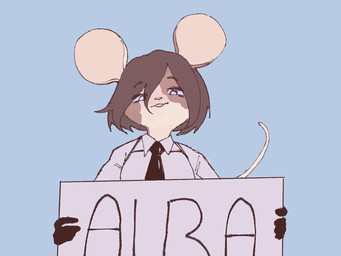 anthro black_necktie brown_body brown_fur brown_hair buckteeth clothing female fur hair half-closed_eyes holding_object holding_sign looking_at_viewer narrowed_eyes necktie raised_tail shirt short_hair sign smile solo tail teeth text topwear white_clothing white_shirt white_topwear darkus_art alba_(darkus_art) mammal mouse murid murine rodent 4:3 character_name