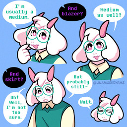 2_horns 4_panel_comic anthro biped blue_background blush blush_lines clothed clothed_anthro clothed_male clothing cute_fangs dialogue exclamation_point eyewear fangs floppy_ears fur glasses horn male male_anthro narrowed_eyes offscreen_character open_mouth open_smile pink_eyes pink_horn question_mark simple_background smile snout solo speech_bubble talking_to_another teeth text three-quarter_view wearing_glasses white_body white_fur unamusedyams deltarune undertale_(series) ralsei bovid caprine darkner goat mammal 1:1 2026 artist_name comic digital_drawing_(artwork) digital_media_(artwork) english_description hi_res trans_(lore) trans_woman_(lore)