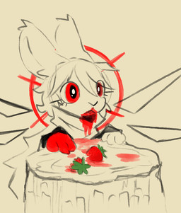 anthro aureola big_ears cloak clothing floating_wings food fruit halo messy_eater plant rabbit_ears red_eyes strawberry unusual_anatomy unusual_wings wings furufoo comet_(furufoo) hare lagomorph leporid mammal rabbit