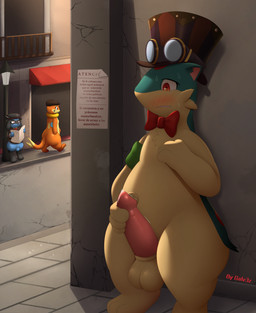 3_toes 4_fingers alley animal_genitalia animal_penis anthro armband balcony balls barely_visible_nipples big_butt black_clothing black_topwear blue_balls blue_body blue_fur blue_sheath blush bodily_fluids bottomless bow_tie breaking_the_rules breasts butt cheek_tuft chest_tuft clothed clothing coat detailed_background disregarding_notices erection eyelashes facial_tuft feet female feral fingers flat_cap forked_tail fully_sheathed fur genital_fluids genitals glistening glistening_genitalia glistening_penis green_armband group hand_on_own_penis hand_on_penis hat headgear headwear holding_penis looking_at_genitalia looking_at_own_penis looking_at_penis looking_at_self male male_focus male_penetrating markings masturbation mostly_nude multicolored_body nervous nervous_smile nervous_sweat newspaper nipples orange_body orange_tail outside penetration penile penile_masturbation penis pink_penis precum public public_masturbation reading_newspaper red_bow_tie red_eyes sheath sheathed_tapering_penis small_breasts solo_focus standing stealth_masturbation steampunk_goggles street_lamp sweat tail tailcoat tan_balls tan_body tapering_penis text thick_thighs toes top_hat topwear trio tuft two_tone_body unusual_anatomy unusual_tail walking galv3z nintendo pokemon galvez_(galv3z) buizel generation_2_pokemon generation_4_pokemon pokemon_(species) quilava riolu 2023 absurd_res digital_media_(artwork) hi_res signature spanish_text translated