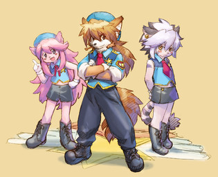 anthro black_boots black_bottomwear black_clothing black_footwear black_pants bone_in_mouth boots bottomwear clothing cosplay crossed_arms female footwear gesture gloves group hand_gesture hands_behind_back handwear kemono looking_at_viewer male necktie pants pointing police police_uniform red_necktie shoes smile trio uniform white_clothing white_gloves white_handwear tatotake_mono cyberconnect2 little_tail_bronx solatorobo tail_concerto chocolat_gelato elh_melizee red_savarin waffle_ryebread canid canine caninu canis domestic_cat domestic_dog felid feline felineko felis mammal 2011 crossover japanese_description