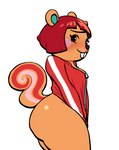 anthro beady_eyes big_butt black_eyes blush bottomless breasts brown_body brown_fur buckteeth butt clothed clothing eyelashes female fur hair looking_at_viewer red_clothing red_hair red_topwear rosy_cheeks short_hair side_butt simple_background solo teeth thick_thighs topwear white_background wide_hips zipper lovetopullmicke animal_crossing nintendo hazel_(animal_crossing) mammal rodent sciurid tree_squirrel absurd_res hi_res