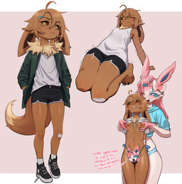 4_toes 5_fingers advertisement anthro areola biped blue_hair blue_highlights blue_sclera bottomwear brown_body brown_eyes brown_fur brown_tail bulge cheek_tuft clothed clothing crossdressing duo ear_piercing ear_ring facial_tuft feet female femboy fingers fur hair highlights_(coloring) long_hair looking_at_viewer male multicolored_body multicolored_fur multicolored_tail navel nipples panties piercing pink_body pink_fur pink_hair ring_piercing shorts simple_background tail tan_body tan_fur tan_tail teasing toes tuft two_tone_body two_tone_fur underwear white_body white_fur azuu nintendo pokemon femboy_eevee_(azuu) sylphine_(azuu) eevee eeveelution generation_1_pokemon generation_6_pokemon pokemon_(species) sylveon censored digital_drawing_(artwork) digital_media_(artwork) hi_res