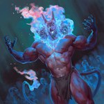 3_heads 5_fingers anthro biceps biped blue_fire bottomwear claws clothed clothing colored_fire finger_claws fingers fire flaming_head flaming_tail front_view glowing glowing_eyes loincloth loincloth_only long_tail male multi_head muscular navel nipples open_mouth pecs realistic solo standing tail tongue tongue_out topless taran_fiddler european_mythology greek_mythology mythology weretober canid canid_demon canine canis cerberus demon domestic_dog hellhound mammal mythological_canine mythological_creature 1:1 2024 digital_media_(artwork) hi_res signature