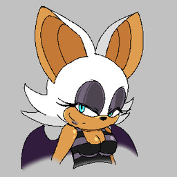 anthro back_wings big_ears black_nose blue_eyes breasts cleavage clothed clothing collarbone eyelashes eyeshadow female fur grey_background head_tuft highlights_(coloring) lips lipstick looking_at_viewer makeup narrowed_eyes outline pattern_clothing pixelated purple_eyeshadow purple_lipstick purple_wings simple_background smile smirk solo striped_clothing stripes swimwear tan_body tan_skin tuft white_body white_fur wings conditional_dnp hexuru sega sonic_the_hedgehog_(series) rouge_the_bat bat mammal 1:1 2026 colored digital_drawing_(artwork) digital_media_(artwork) half-length_portrait portrait shaded simple_shading
