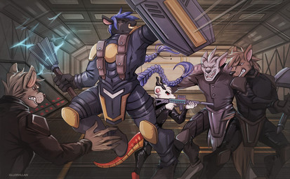 anthro axe black_body black_fur blue_hair brown_body brown_fur claws clenched_teeth clothed clothing detailed_background facial_piercing fangs fight fluffy fluffy_tail fur group gun hair holding_object holding_weapon horn male melee_weapon muscular muscular_anthro muscular_male nose_piercing open_mouth piercing ranged_weapon red_eyes rifle shield tail teeth weapon white_body white_fur gllorvillain equid equine mammal murid murine rat rodent