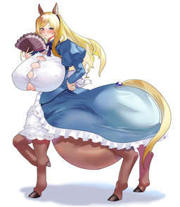 belly big_belly big_breasts blonde_hair blue_eyes blush breasts brown_body brown_fur button_(fastener) cleavage cleavage_overflow clothed clothed_taur clothing dress female fur hair holding_fan hooves horse_ears horse_tail huge_belly hyper hyper_belly long_hair noblewoman pregnant pregnant_female pregnant_taur ribbons simple_background solo standing taur_lower_pregnancy ushih_43 european_mythology greek_mythology mythology estelle_bellegarde centaur equid equid_taur humanoid_taur mammal mammal_taur taur absurd_res hi_res