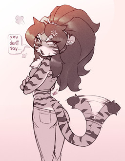 angry anthro blush bottomwear clothing crossed_arms embarrassed female hair open_mouth pants shirt simple_background solo tail tail_motion tailwag topwear waffl3sk4t julia_(waffl3sk4t) felid mammal pantherine tiger 2025 hi_res