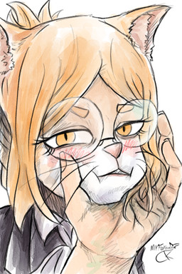 anthro blush blush_lines blushing_at_viewer duo eyewear face_squish female glasses hand_on_cheek looking_at_viewer male male/female squeezing squish wearing_glasses mr.foxman hitoner miss_tonerico domestic_cat felid feline felis mammal 2:3 hi_res