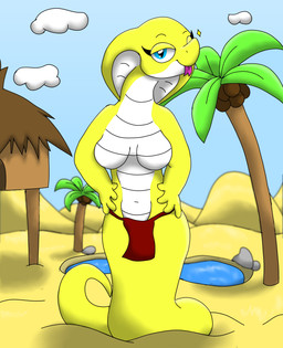 anthro apode blue_eyes breasts clothed clothing coconut drupe_(fruit) featureless_breasts female food fruit legless looking_at_viewer nude oasis one_eye_closed plant red_clothing red_underwear scales serpentine solo split_form topless underwear ventral_scales wink yellow_body yellow_scales phantasmalfurry draconcopode lamia reptile scalie snake digital_media_(artwork) hi_res