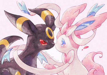 ambiguous_gender black_body black_fur blue_eyes blush blush_lines bow_(anatomy) duo eye_contact feral fur heart_symbol looking_at_another markings nose_to_nose paws pink_body pink_fur red_eyes ribbons_(anatomy) ring_(marking) simple_background tail white_body white_fur remedy0308 nintendo pokemon eeveelution generation_2_pokemon generation_6_pokemon pokemon_(species) sylveon umbreon 2025 hi_res signature