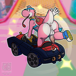 apron bodily_fluids bow_ribbon bow_tie butt car clothing cum food genital_fluids genitals hat headgear headwear ice_cream_cone leaking_cum looking_back male penis presenting presenting_hindquarters sparkles star tongue tongue_out vehicle visor_cap terryeternity mario_bros mario_kart mario_kart_world mythology nintendo yoshi_(soft_server) dinosaur dragon mythological_creature mythological_scalie pink_yoshi prehistoric_species reptile scalie yoshi 1:1 hi_res