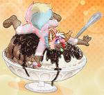 anthro cutlery dessert food ice_cream kitchen_utensils male micro multicolored_eyes on_food one_eye_closed rainbow_eyes solo spoon sprinkles sundae tail tongue tongue_out tools wink crownedvictory canid canine mammal hi_res