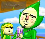 blonde_hair bodysuit clothing duo eyes_closed facial_hair goatee green_clothing green_headwear hair hat headgear headwear holding_object humanoid_pointy_ears humor male moobs not_furry pointy_ears red_nose skinsuit text tight_clothing chameloshi nintendo the_legend_of_zelda wind_waker yaranaika link tingle toon_link humanoid hylian 2016 english_text hi_res meme