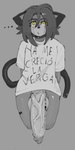anthro balls barcode barcode_tattoo big_penis bodily_fluids bottomless clothed clothing genital_fluids genitals glistening glistening_body machine male penis precum shirt solo t-shirt tail tattoo text text_on_clothing text_on_shirt text_on_topwear topwear ongongio roboneco_(character) android domestic_cat felid feline felis mammal robot spanish_text