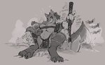 ambiguous_gender armor axe breasts ear_piercing female macro mercenary micro piercing sharp_teeth sitting_on_another solo_focus teeth thesociallyawkwardpinguin mythology dragon gnoll humanoid hyena mammal mythological_creature mythological_scalie scalie absurd_res black_and_white hi_res monochrome