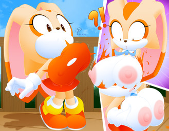 anthro areola big_areola big_breasts big_nipples breast_expansion breasts clothing erect_nipples exclamation_point expansion female female_anthro hand_on_breast interrobang loli nipples oppai_loli question_mark solo surprised thin_legs thin_thighs torn_clothing young young_anthro young_female slickehedge sega sonic_the_hedgehog_(series) cream_the_rabbit lagomorph leporid mammal rabbit 2020 digital_media_(artwork) hi_res