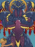 3:4 abs aeon_(final_fantasy) anthro bahamut big_muscles big_penis blonde_hair blue_body blush censored crossed_arms dragon duo erection final_fantasy final_fantasy_x genitals hair heart_symbol hi_res horn hug huge_penis human human_on_anthro interspecies larger_anthro larger_male male male/male mammal mosaic_censorship multicolored_body muscular muscular_anthro muscular_male mythological_creature mythological_scalie mythology nude penis purple_body scalie shirako signature size_difference smaller_human smaller_male square_enix tidus tidus_(ffx) wings