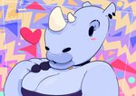 anthro blue_body blush blush_stickers breasts cleavage clothed clothing ear_piercing eyelashes female heart_symbol lips piercing solo thick_lips afro_chan332 mammal rhinoceros absurd_res bust_portrait hi_res portrait signature