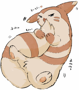 ambiguous_gender bedroom_eyes feral fluffy fur heart_symbol holding_tail looking_at_viewer narrowed_eyes one_fang pawpads paws seductive solo tail tail_hug text buta5kawa nintendo pokemon furret generation_2_pokemon pokemon_(species) hi_res japanese_text translated