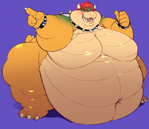 anthro belly belly_on_ground big_belly big_cheeks blush bracelet chubby_cheeks collar double_chin gesture hair hand_gesture huge_belly huge_cheeks huge_moobs hyper hyper_belly jewelry male morbidly_obese morbidly_obese_anthro morbidly_obese_male navel nude obese obese_anthro obese_male open_mouth overweight overweight_anthro overweight_male pink_tongue pointing purple_background red_hair simple_background solo spiked_bracelet spiked_collar spikes standing teeth thumbs_up tongue meowmymyamo mario_bros nintendo bowser koopa scalie hi_res