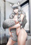 braided_hair breasts female grey_eyes grey_hair hair nipples nude pubes solo tail tail_between_legs wet nofuture arknights hypergryph studio_montagne pramanix_(arknights) animal_humanoid felid felid_humanoid humanoid mammal mammal_humanoid pantherine pantherine_humanoid snow_leopard_humanoid 2020 hi_res