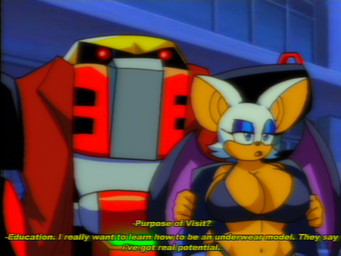 anthro big_breasts blue_eyes blue_eyeshadow breasts clothing duo eyeshadow female flashing machine makeup navel tan_body text underwear vhs_filter wide_hips lueduar sega sonic_the_hedgehog_(series) e-123_omega rouge_the_bat bat mammal robot 4:3 english_text hi_res