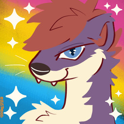 anthro biped blue_eyes countershading lgbt_pride male markings pride_colors purple_body red_markings tan_body justadog blitzstoat_(gyro) mammal mustelid musteline stoat true_musteline weasel 1:1 hi_res
