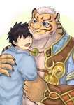 countershading cuddling duo hug male simple_background smile bbrt534 nekojishi studio_klondike lin_hu tian-liao_lin felid human mammal pantherine tiger hi_res