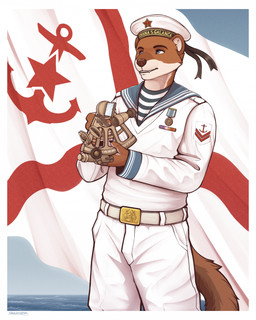 anchor_symbol anthro belt belt_buckle blue_eyes bottomwear brown_body brown_fur brown_hands brown_nose buckle claws clothed clothed_anthro clothed_male clothing ensign eyebrows fictional_flag flag fur holding_object male medal military_ribbons milittary_medal multicolored_body naval_ensign naval_uniform navy_hat pants patch_(fabric) pattern_clothing pattern_shirt pattern_topwear sea sextant shirt sky solo star_badge striped_clothing striped_shirt striped_topwear stripes topwear two_tone_body water white_body white_bottomwear white_clothing white_fur white_inner_ear white_pants white_uniform nakamudra mammal mustelid musteline stoat true_musteline weasel 2026 constructed_language digital_drawing_(artwork) digital_media_(artwork) fictional_language hi_res shaded signature
