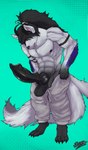 accessory anthro arm_tattoo balls big_balls big_knot big_penis bioluminescence black_body black_fur black_nose black_penis claws clenched_teeth clothed clothing clothing_around_legs clothing_lift clothing_pull ear_tuft erection feet fluffy fluffy_chest fluffy_tail fur genitals glowing gradient_background hair hair_accessory hair_over_eye hidden_eyes huge_knot huge_penis inner_ear_fluff knot male multi_tail multicolored_body multicolored_fur muscular muscular_anthro muscular_male muscular_thighs nipples nude paws penile penis scales simple_background solo tail tattoo teeth teeth_showing tuft two_tone_body two_tone_fur vein veiny_penis wardrobe_malfunction white_body white_fur susono mythology canid canine fox hybrid mammal digital_media_(artwork) hi_res