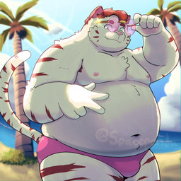 5_fingers anthro beach belly big_belly biped bulge clothing cute_fangs detailed_background eyewear fangs fingers fur humanoid_hands male moobs navel nipples outside overweight overweight_male palm_tree pink_nose plant solo standing sunglasses swimwear teeth tree white_body white_fur spacepanda felid mammal pantherine tiger 2026 hi_res