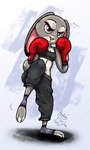 3_toes abs anthro boxing_gloves bra breasts cleavage clothed clothing feet female footwear handwear kickboxing looking_at_viewer midriff on_one_leg simple_background small_breasts smile solo sports_bra standing toeless_footwear toes underwear joakaha disney zootopia judy_hopps lagomorph leporid mammal rabbit 2021 hi_res