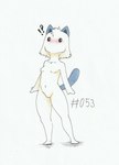 ?! anthro anthrofied black_eyes blue_ears blue_tail blush breasts empty_eyes featureless_breasts featureless_crotch female fur mouthless noseless nude simple_background small_breasts solo standing tail white_background white_body white_fur foxydraws palworld pocketpair pal_(species) swee hi_res traditional_media_(artwork)