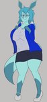 anthro big_breasts black_bottomwear black_clothing black_skirt blue_clothing blue_eyes blue_eyewear blue_glasses blue_hair blue_jacket blue_topwear bottomwear breasts clothed clothing exposure_variation eyewear female footwear front_view glasses grey_clothing grey_shirt grey_topwear hair huge_breasts jacket looking_at_viewer shirt shoes skirt slightly_chubby slightly_chubby_female smile solo teal_body thick_thighs topwear turquoise_markings white_clothing white_footwear white_shoes wide_hips vexxyvex nintendo pokemon neelu_(sin_cyan06) eeveelution generation_4_pokemon glaceon pokemon_(species) hi_res